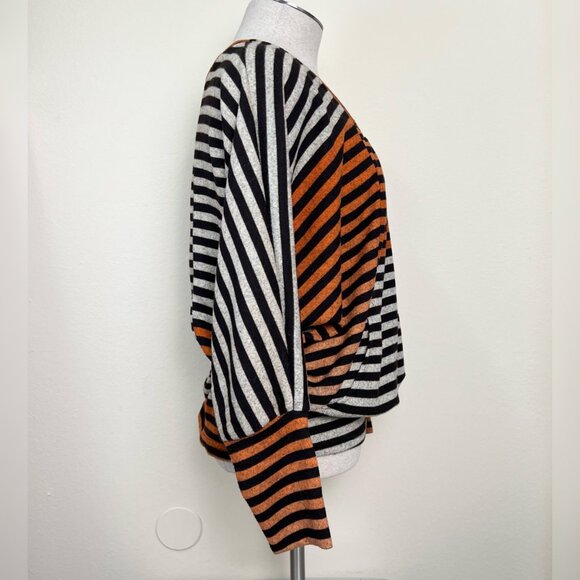 PATTERN Brown Orange & Oatmeal Striped V-Neck Dolman 3/4 Sleeve Top w/Pockets L - Picture 11 of 11